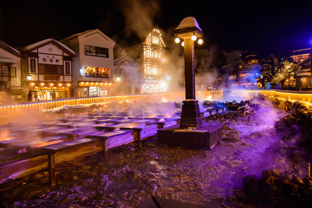 Yubatake lit up at night