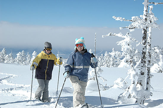 Two skiers walking on the slopes